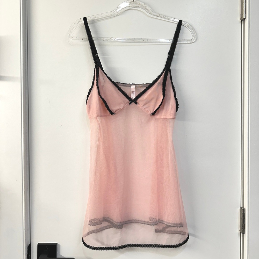 Victoria's Secret Sheer Mesh Camisole Top Blush Pink L Black Trim Bow Soft Goth